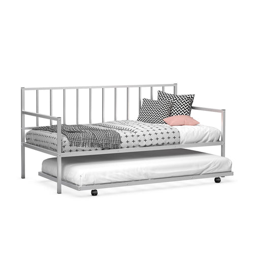 Twin Metal Daybed Sofa Bed Set with Roll Out Trundle, Silver
