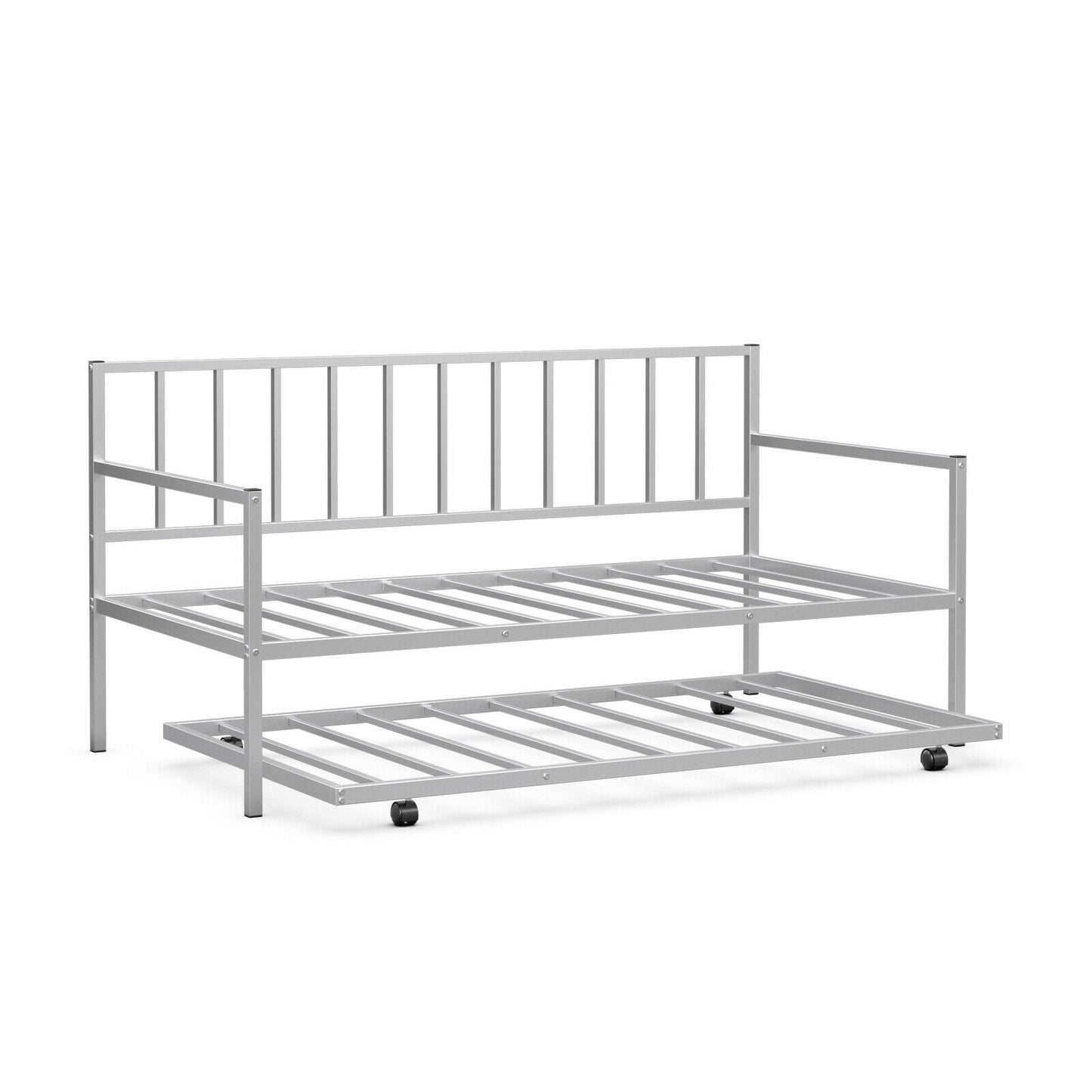 Twin Metal Daybed Sofa Bed Set with Roll Out Trundle, Silver