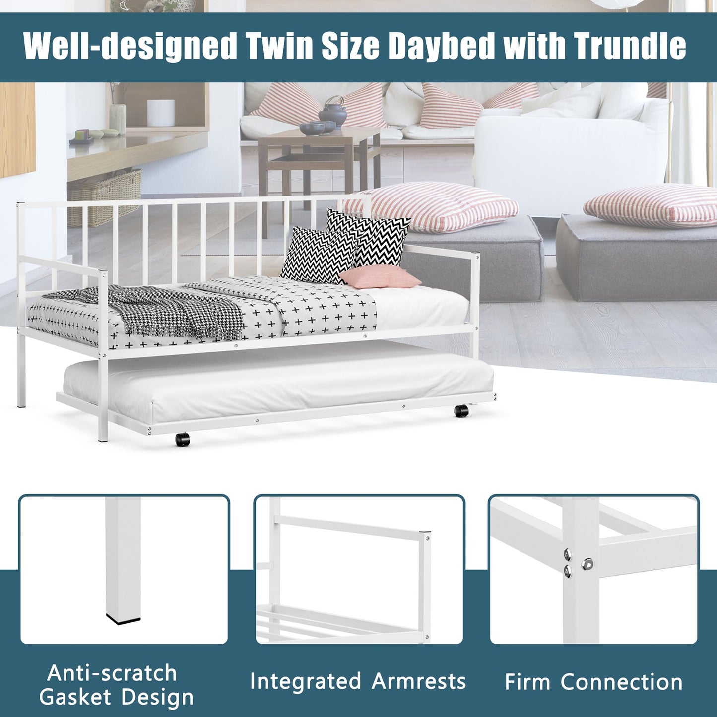 Twin Metal Daybed Sofa Bed Set with Roll Out Trundle, White at Gallery Canada