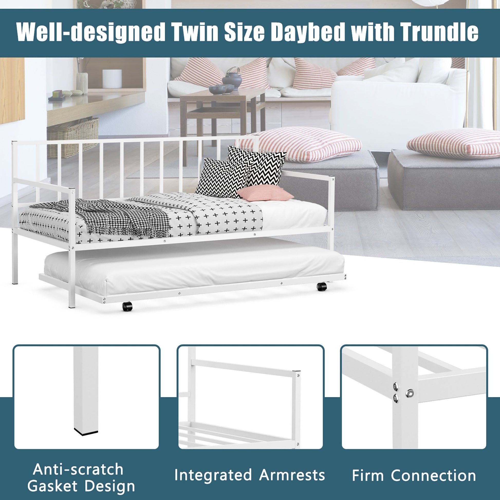 Twin Metal Daybed Sofa Bed Set with Roll Out Trundle, White at Gallery Canada