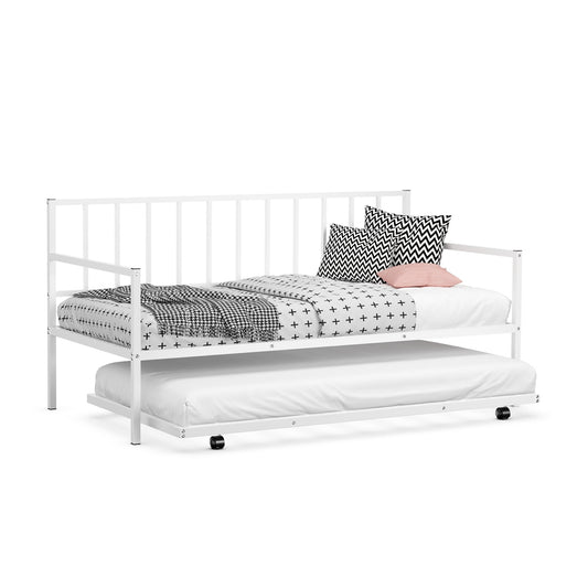Twin Metal Daybed Sofa Bed Set with Roll Out Trundle, White