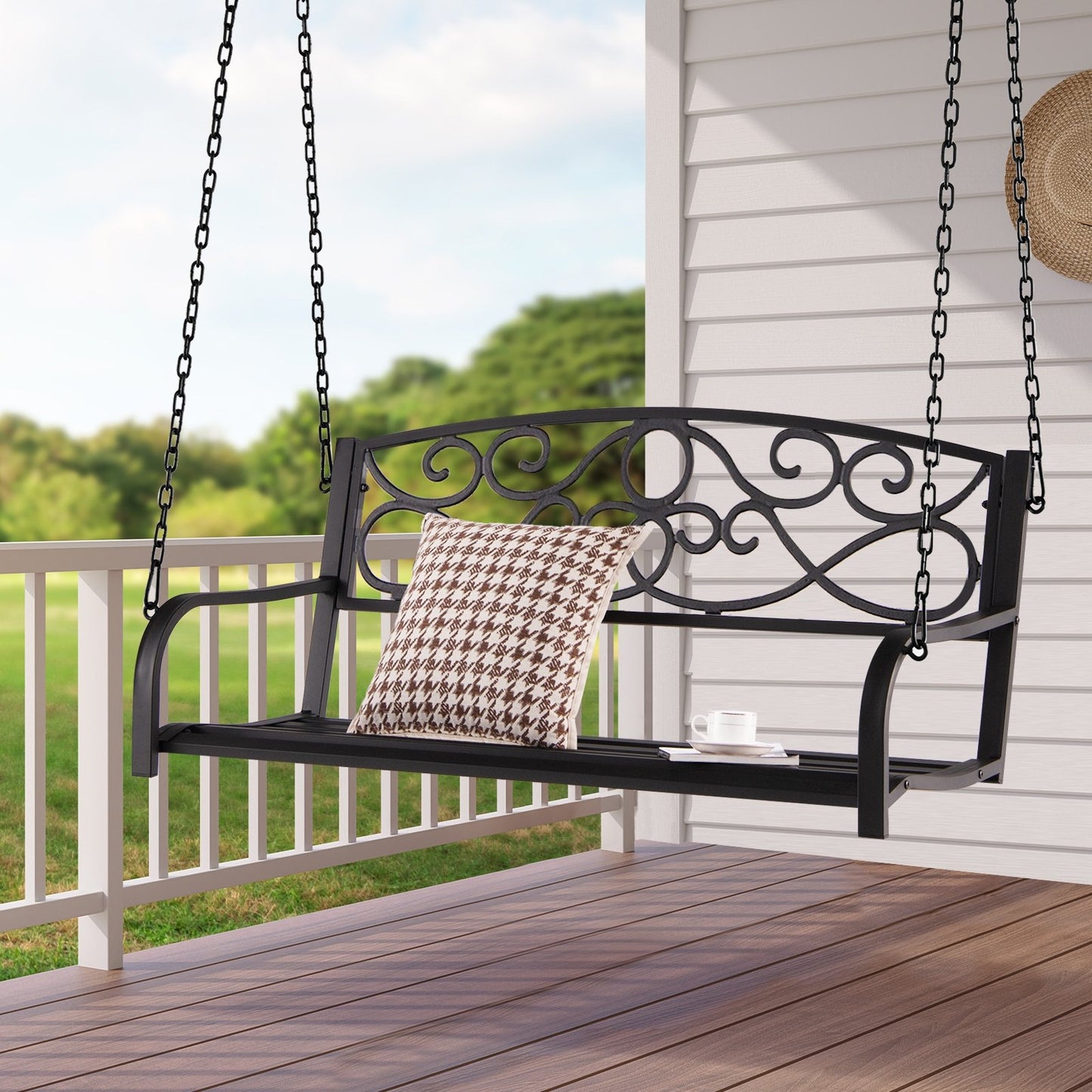 Outdoor 2-Person Metal Porch Swing Chair with Chains, Brown