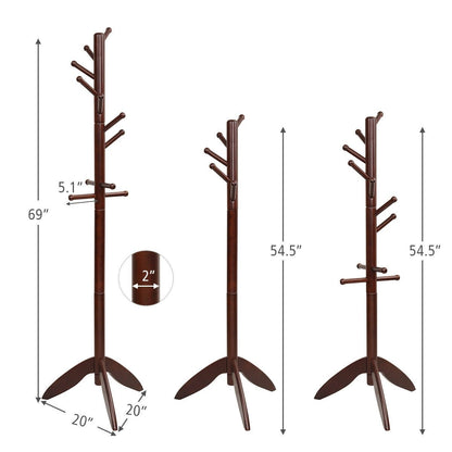 Wooden Free Standing Coat Rack with 11 Hooks, Walnut