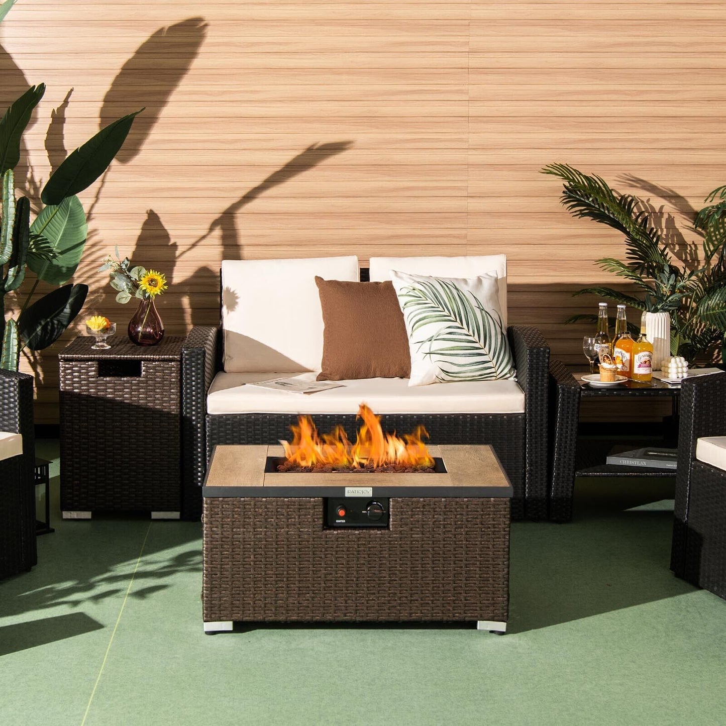 32 Inch x 20 Inch Propane Rattan Fire Pit Table Set with Side Table Tank and Cover - Gallery Canada