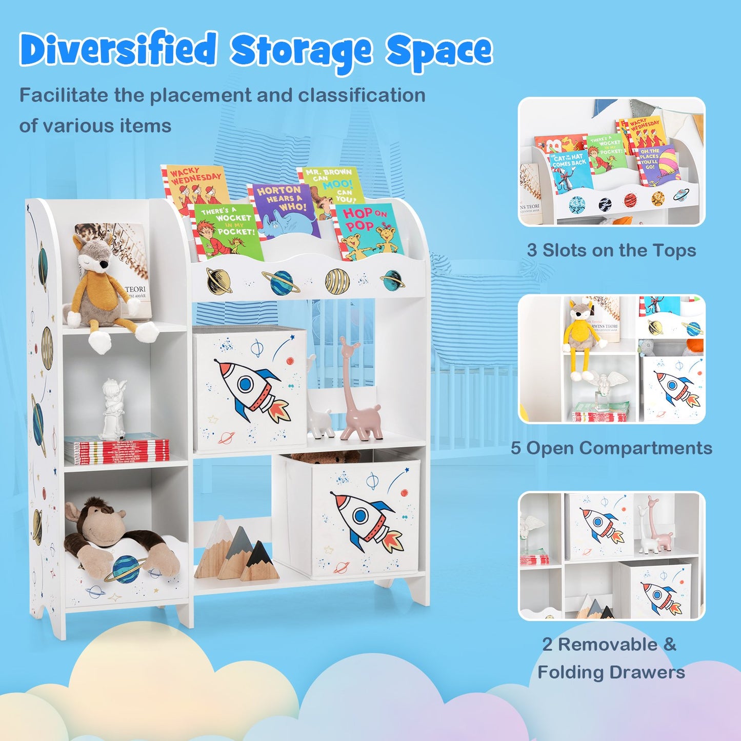 Wooden Children Storage Cabinet with Storage Bins, White
