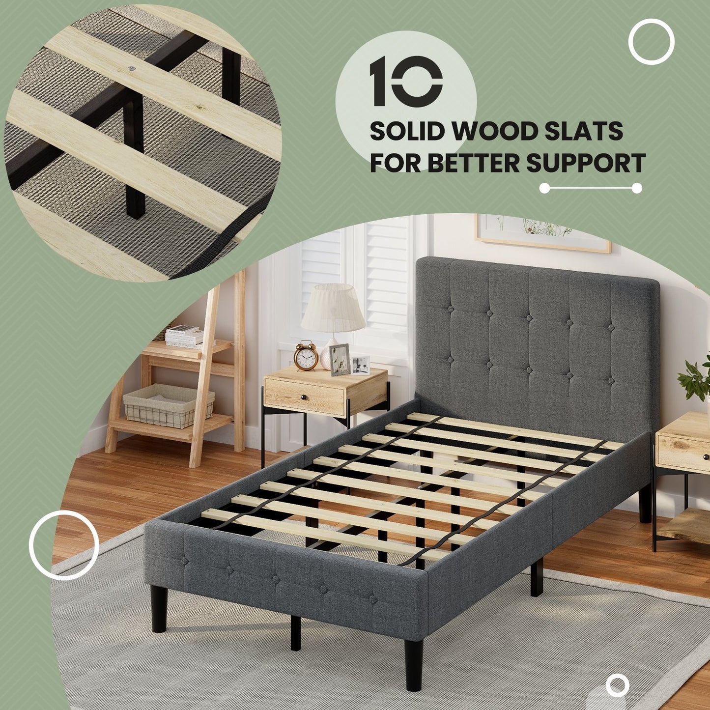 Platform Bed with Button Tufted Headboard, Gray