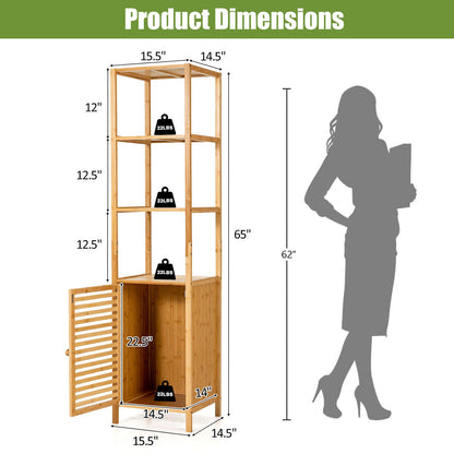 4 Tiers Slim Bamboo Floor Storage Cabinet with Shutter Door and Anti-Toppling Device, Natural