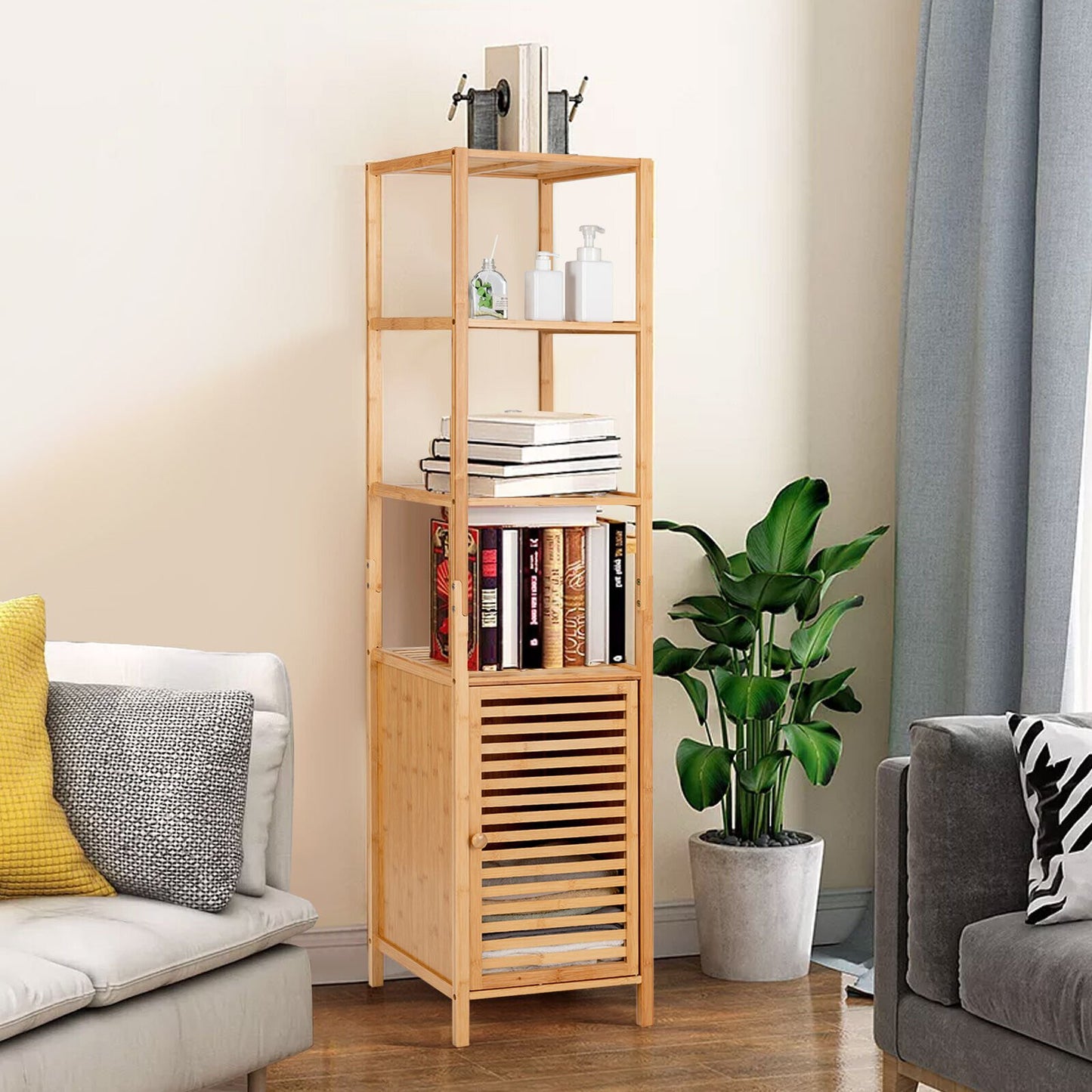 4 Tiers Slim Bamboo Floor Storage Cabinet with Shutter Door and Anti-Toppling Device, Natural