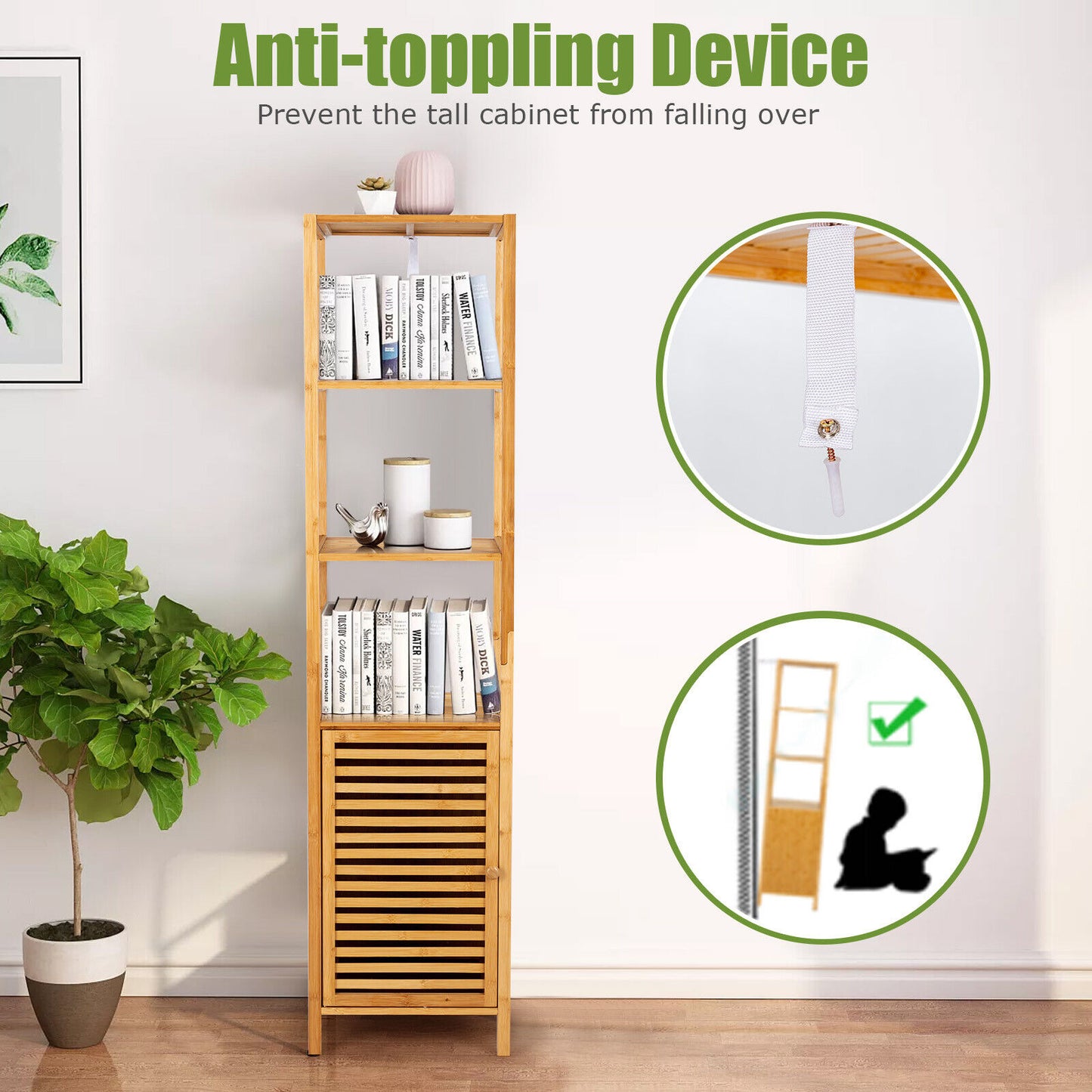 4-Tier Slim Bamboo Storage Cabinet, Shutter Door, Anti-Toppling Device, Natural Floor Cabinets at Gallery Canada