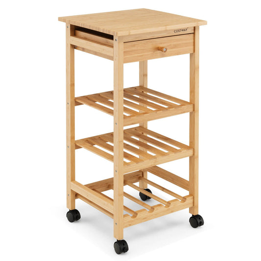 Bamboo Rolling Kitchen Trolley Cart with Drawer and Wine Rack, Natural at Gallery Canada