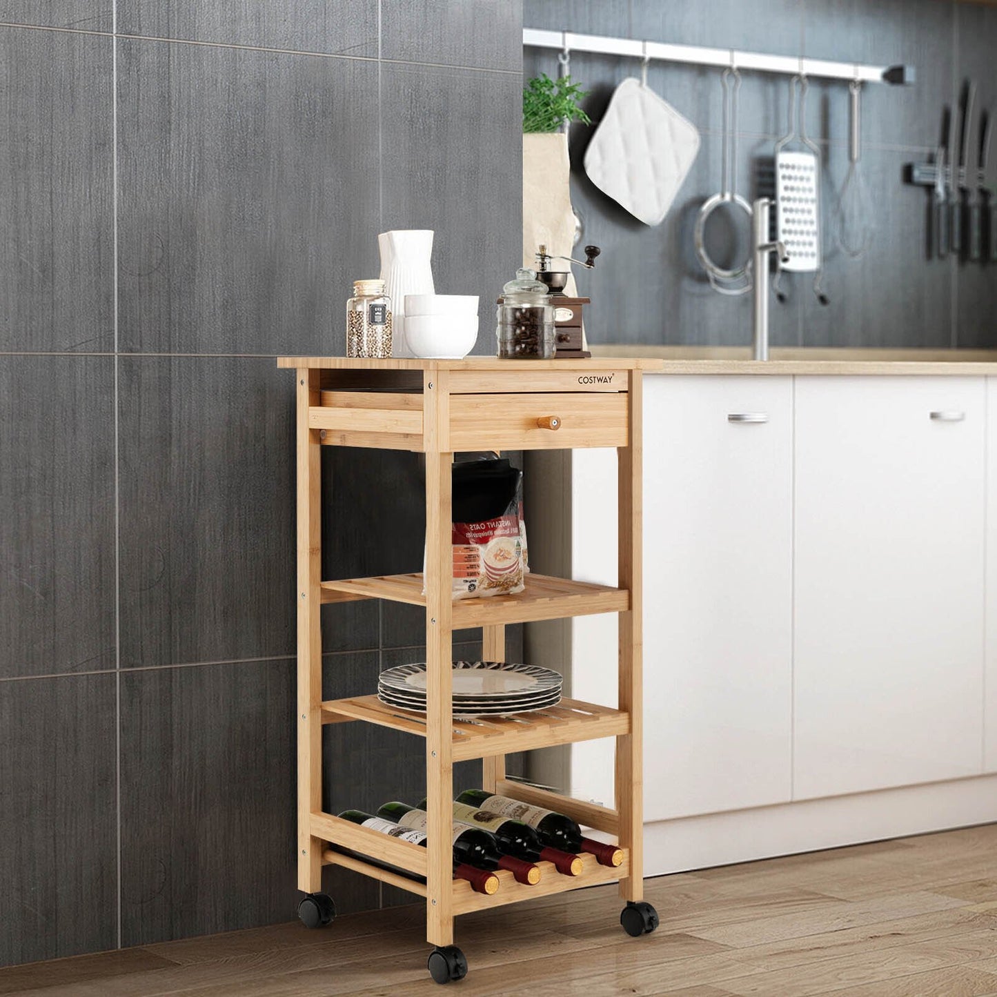 Bamboo Rolling Kitchen Trolley Cart with Drawer and Wine Rack, Natural