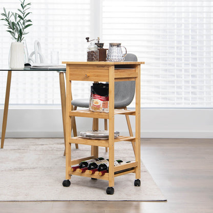 Bamboo Rolling Kitchen Trolley Cart with Drawer and Wine Rack, Natural
