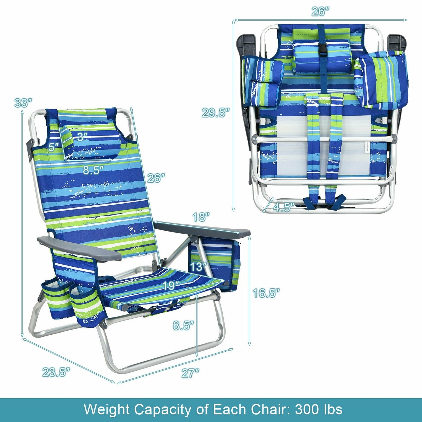 4-Pack 5-Position Outdoor Folding Backpack Beach Reclining Chair with Pillow, Blue at Gallery Canada