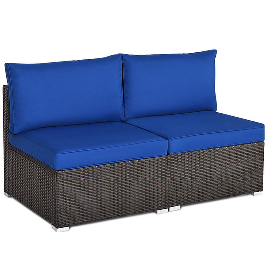 2 Pieces Patio Rattan Armless Sofa Set with 2 Cushions and 2 Pillows, Navy