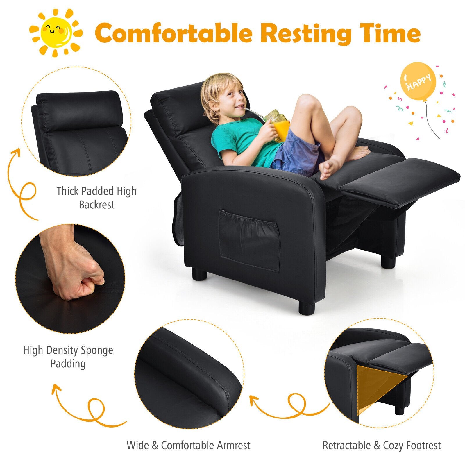 Ergonomic PU Leather Kids Recliner Lounge Sofa for 3-12 Age Group, Black at Gallery Canada