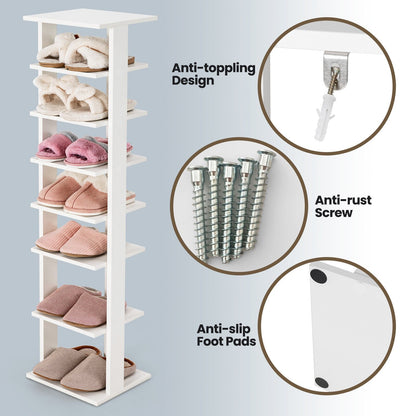 7-Tier Wooden Shoe Rack Narrow Vertical Shoe Stand Storage Display Shelf, White