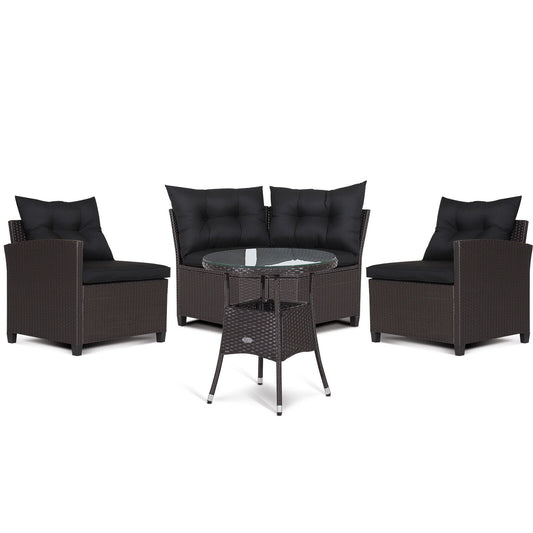 4 Pieces Patio Rattan Furniture Set Cushioned Sofa Glass Table, Black