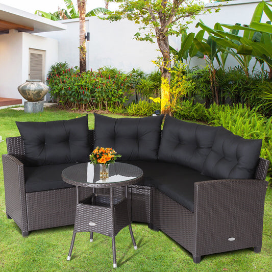4 Piece Patio Rattan Furniture Set, Cushioned Sofa Glass Table, Black Outdoor Sectionals Black at Gallery Canada