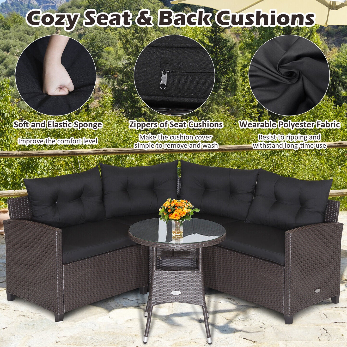 4 Piece Patio Rattan Furniture Set, Cushioned Sofa Glass Table, Black Outdoor Sectionals at Gallery Canada