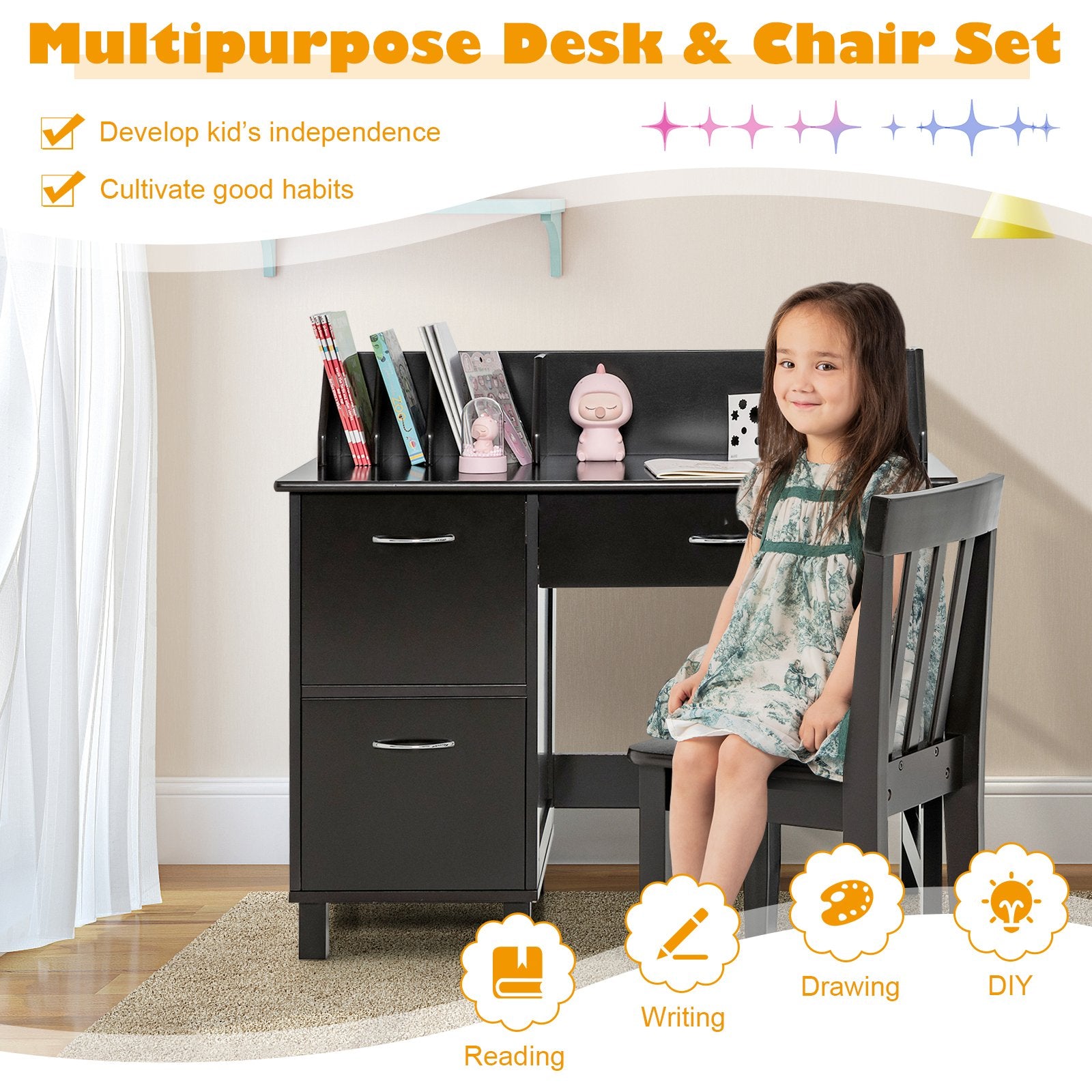 Kids Wooden Writing Furniture Set with Drawer and Storage Cabinet, Deep Brown at Gallery Canada