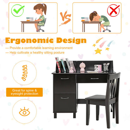 Kids Wooden Writing Furniture Set with Drawer and Storage Cabinet, Deep Brown