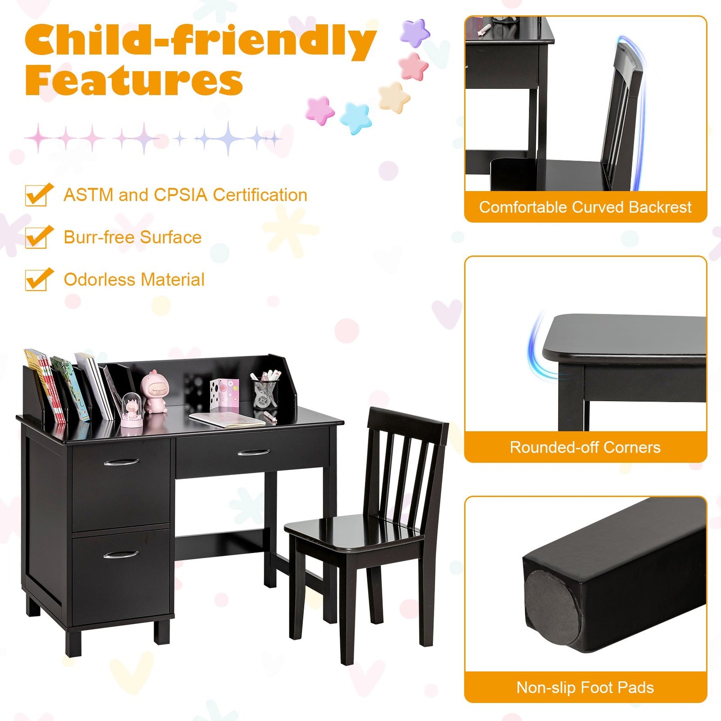 Kids Wooden Writing Furniture Set with Drawer and Storage Cabinet, Deep Brown
