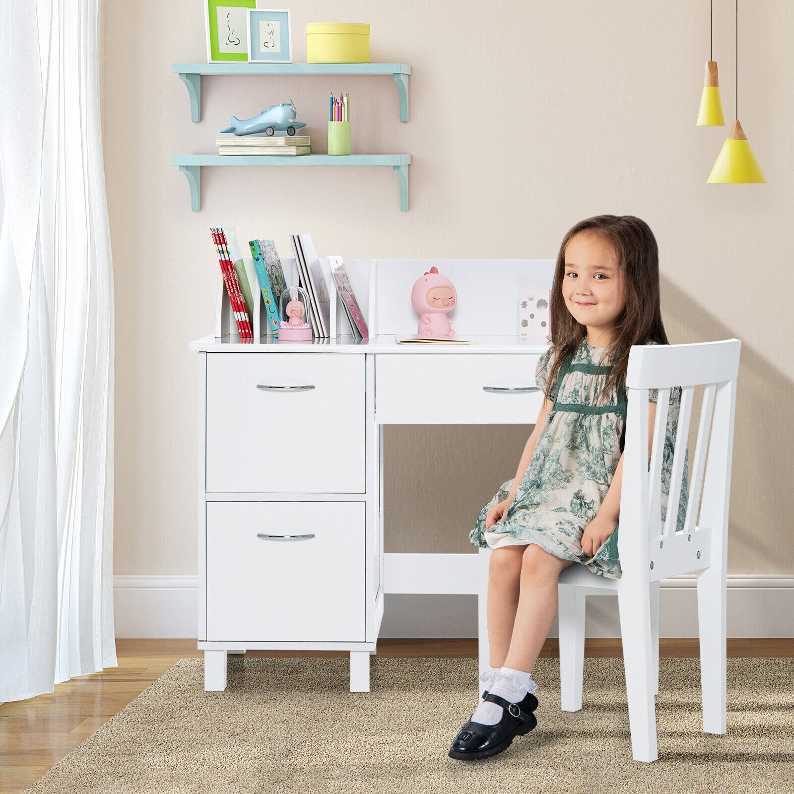 Kids Wooden Writing Furniture Set with Drawer and Storage Cabinet, White at Gallery Canada
