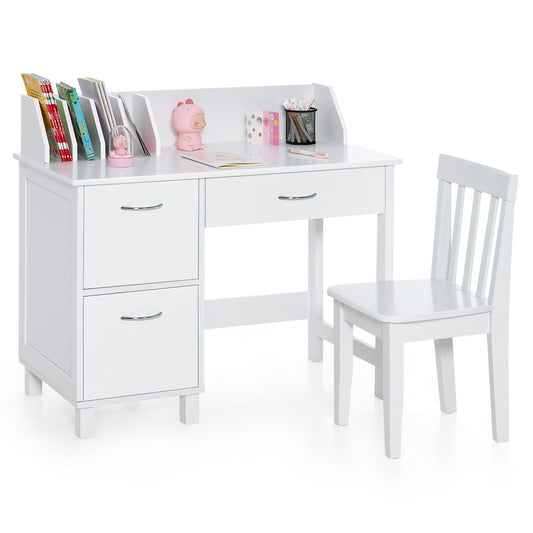 Kids Wooden Writing Furniture Set with Drawer and Storage Cabinet, White