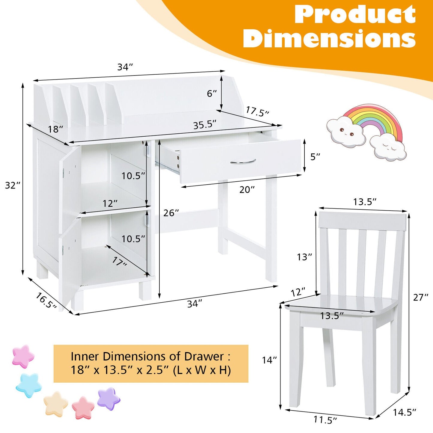 Kids Wooden Writing Furniture Set with Drawer and Storage Cabinet, White at Gallery Canada