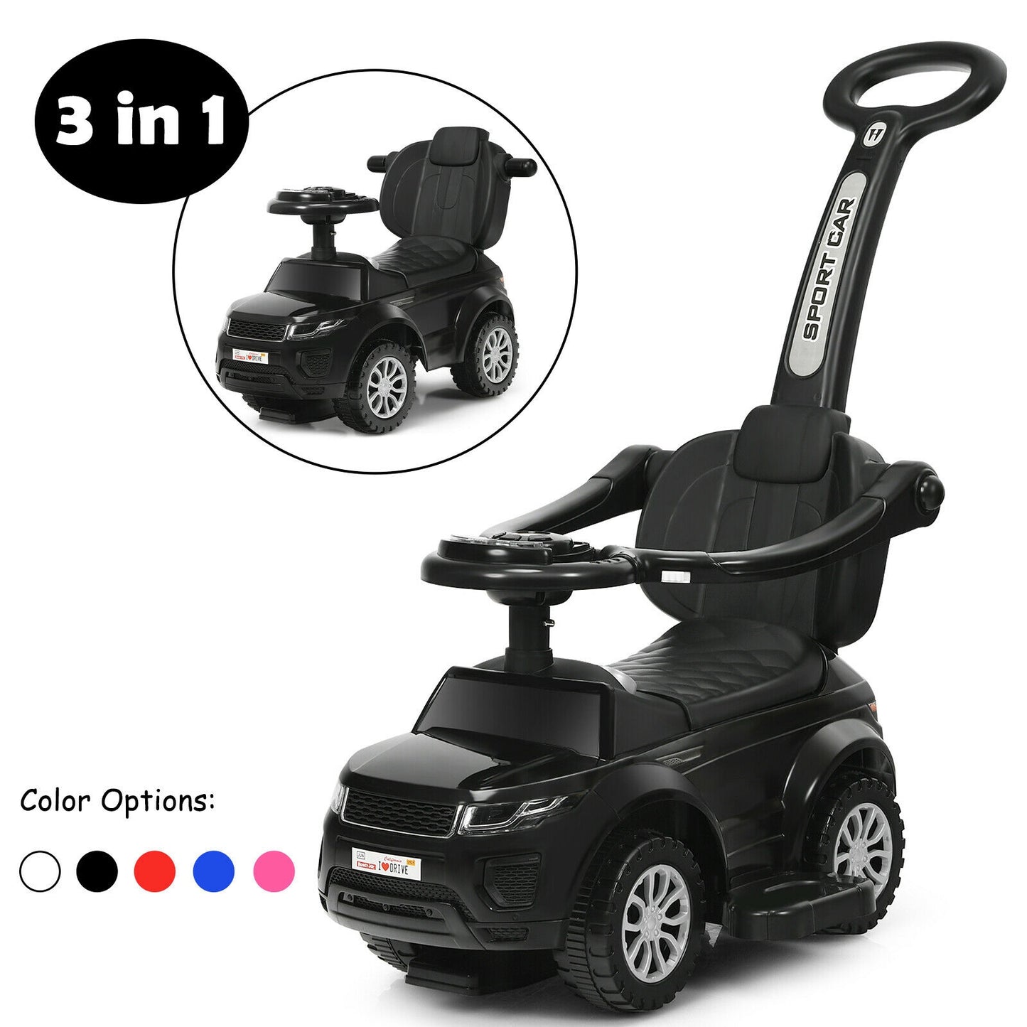 3 in 1 Ride on Push Car Toddler Stroller Sliding Car with Music, Black Push & Pedal Ride On Toys at Gallery Canada