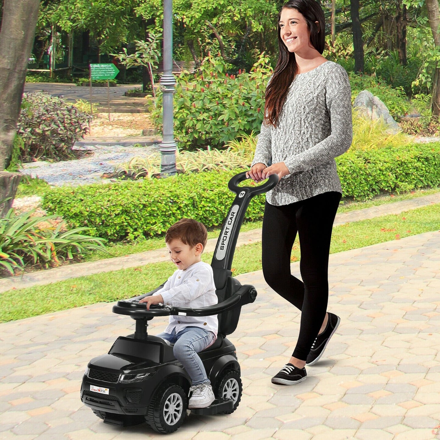 Honey Joy 3 in 1 Ride on Push Car Toddler Stroller Sliding Car with Music, Black