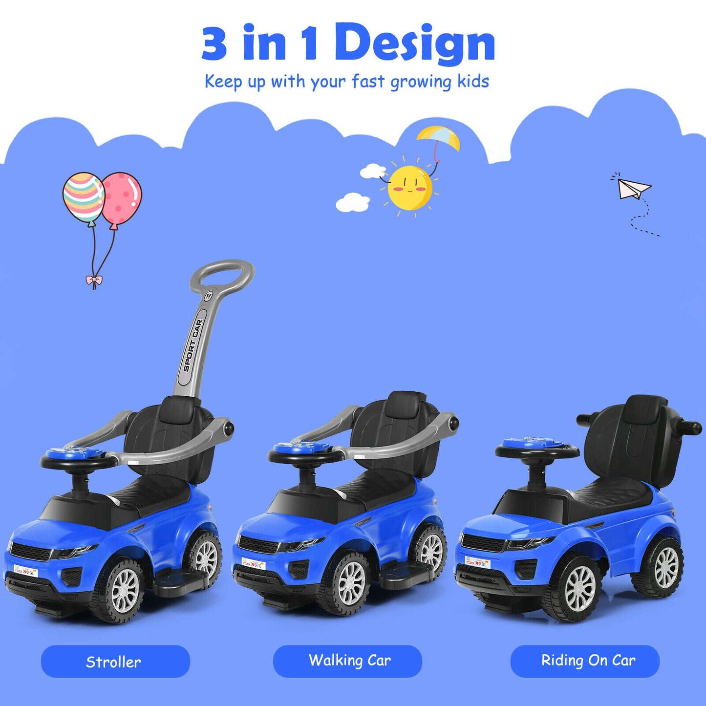 3 In 1 Ride on Push Car Toddler Stroller Sliding Car with Music, Blue Push & Pedal Ride On Toys at Gallery Canada