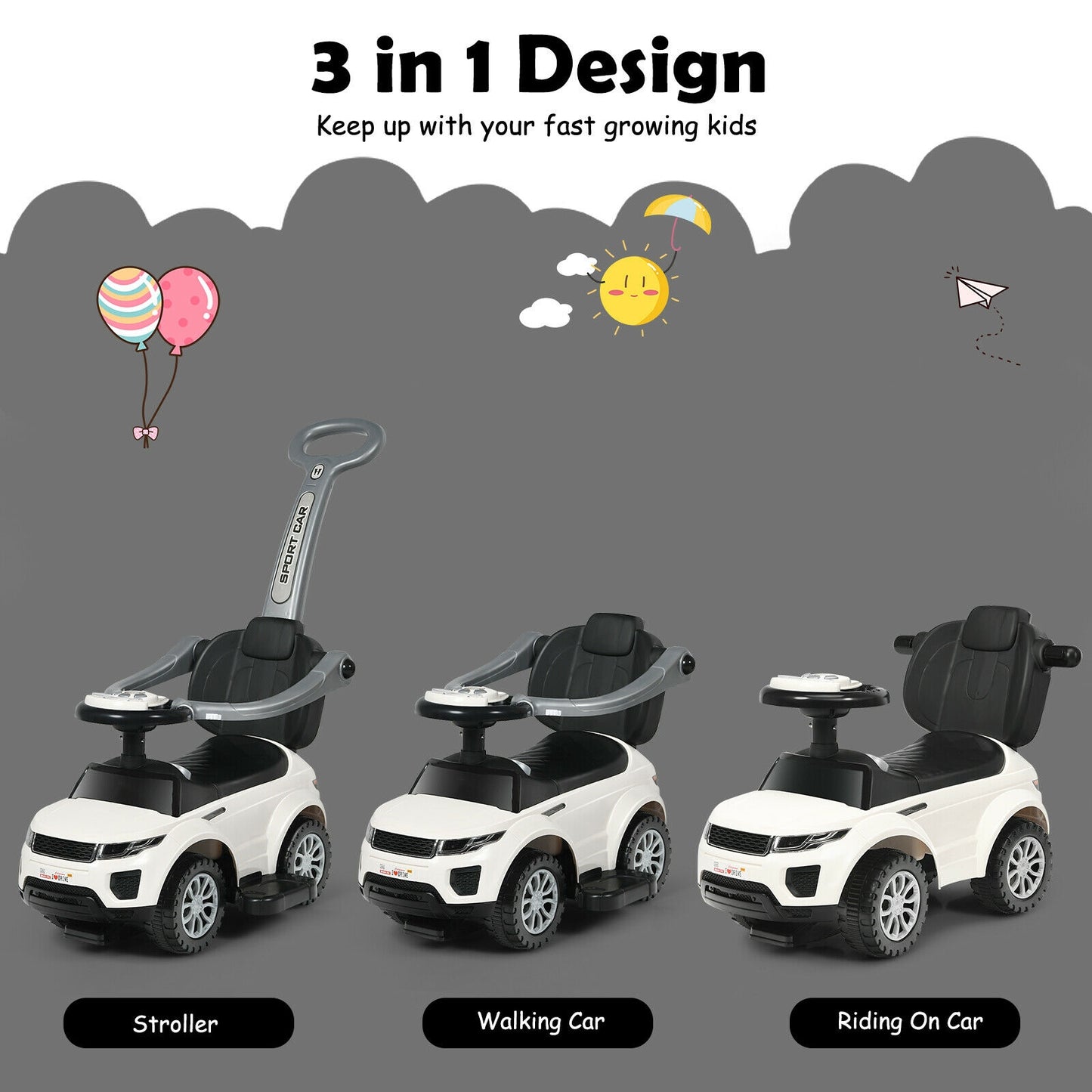 3 In 1 Ride On Push Car, Toddler Stroller, Sliding Car With Music, White