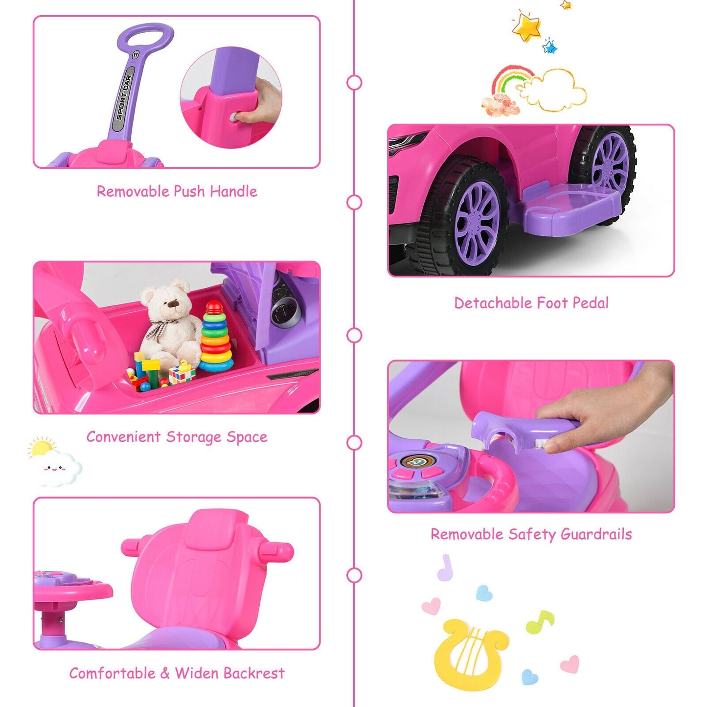 Honey Joy 3 in 1 Ride on Push Car Toddler Stroller Sliding Car with Music, Pink