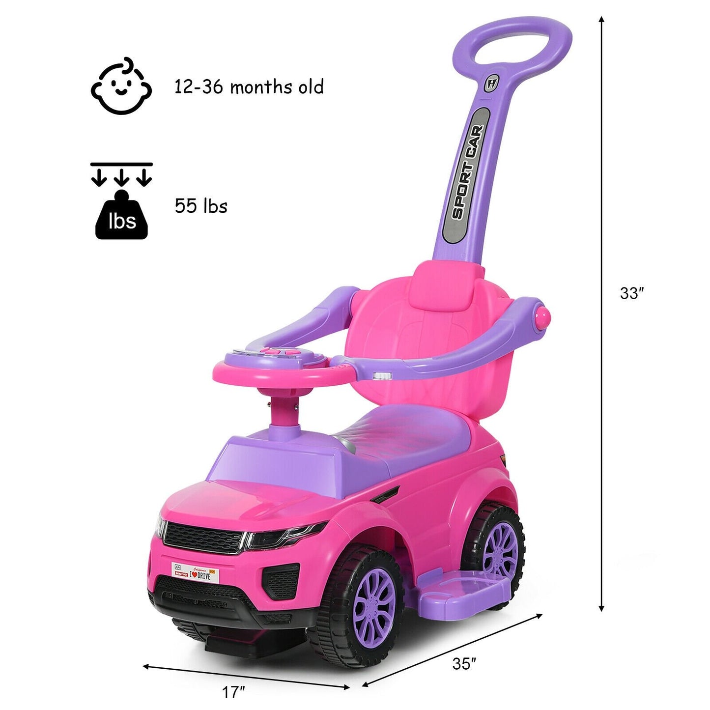 Honey Joy 3 in 1 Ride on Push Car Toddler Stroller Sliding Car with Music, Pink