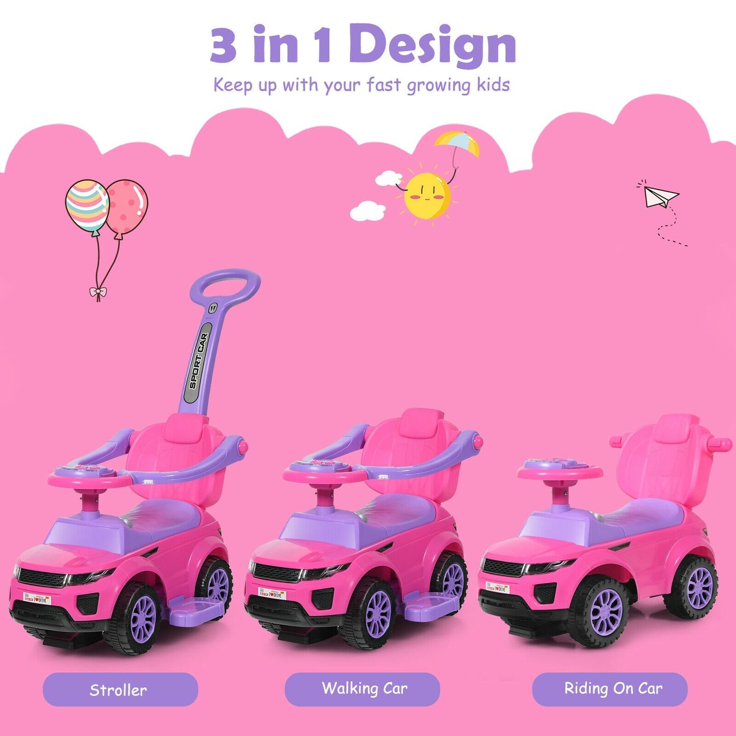 Honey Joy 3 in 1 Ride on Push Car Toddler Stroller Sliding Car with Music, Pink at Gallery Canada