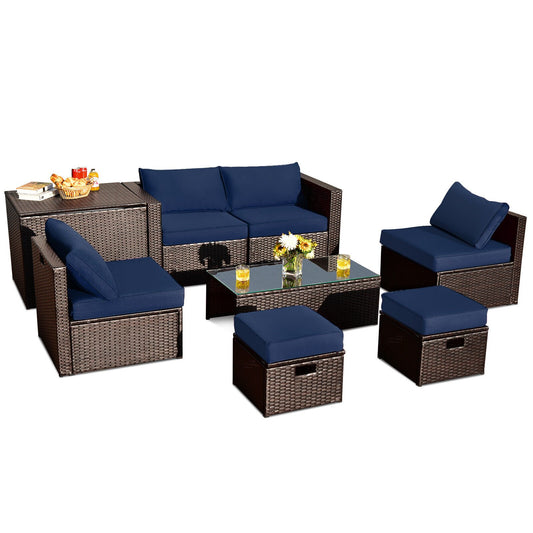 8 Pieces Patio Space-Saving Rattan Furniture Set with Storage Box and Waterproof Cover, Navy