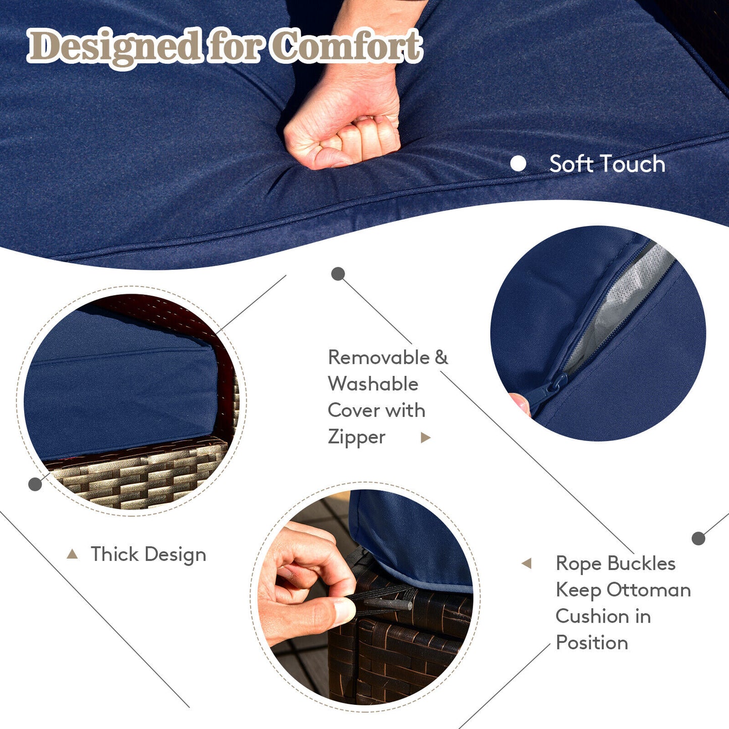 Ensemble de 8 pièces de mobilier de patio en rotin, boîte de rangement, housse imperméable, marine