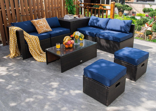 8 Pieces Patio Space-Saving Rattan Furniture Set with Storage Box and Waterproof Cover, Navy Outdoor Sectionals Navy at Gallery Canada