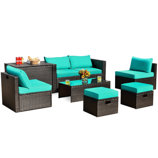 8 Pieces Patio Space-Saving Rattan Furniture Set with Storage Box and Waterproof Cover, Turquoise at Gallery Canada