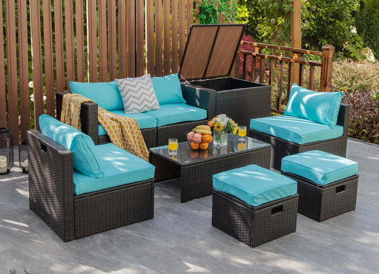 8 Piece Rattan Patio Furniture Set With Storage Box, Turquoise Outdoor Sectionals Turquoise at Gallery Canada