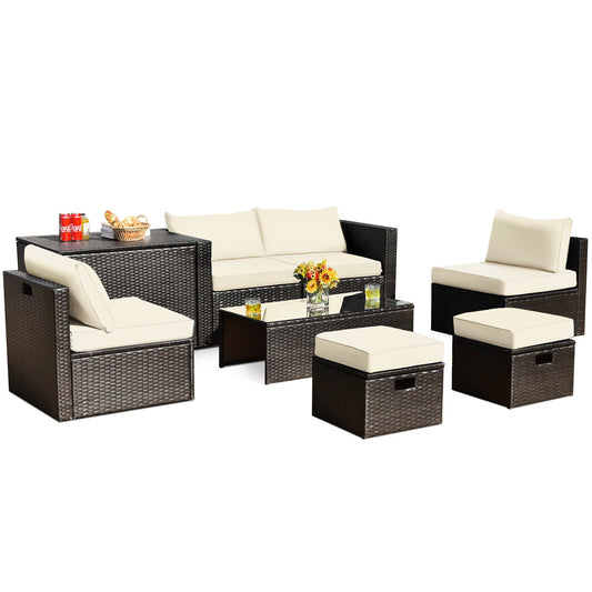 8 Pieces Patio Space-Saving Rattan Furniture Set with Storage Box and Waterproof Cover, White
