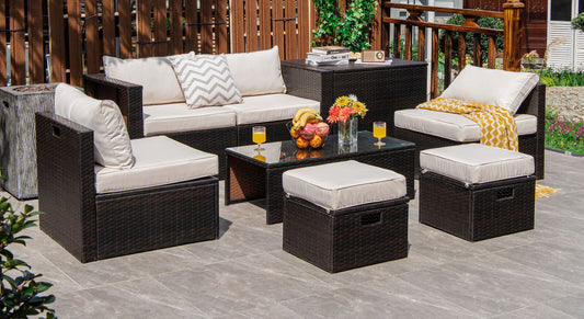 8 Piece Patio Rattan Furniture Set, With Storage Box And Waterproof Cover, White Outdoor Sectionals White at Gallery Canada