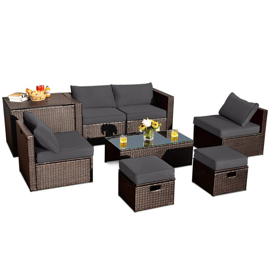 8 Pieces Patio Space-Saving Rattan Furniture Set with Storage Box and Waterproof Cover, Gray