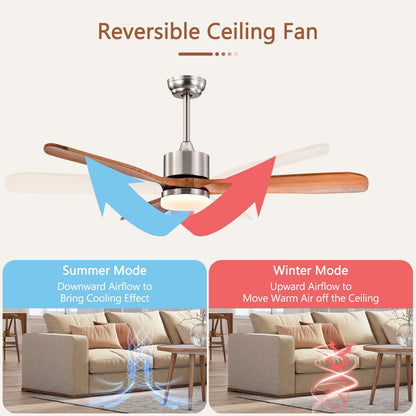 52 Inch Reversible Ceiling Fan with LED Light and Adjustable Temperature, Silver