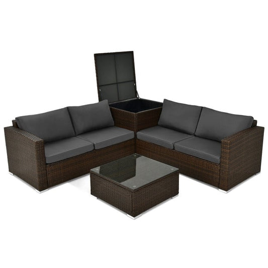 4 Pieces Patio Rattan Cushioned Furniture Set with Armrest and Storage Box, Brown