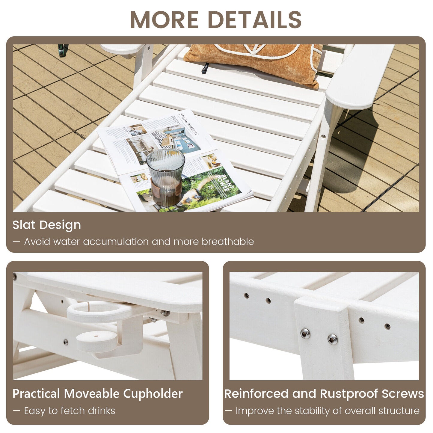 Weatherproof Patio Lounge Chair with Adjustable Back and Cup Holder, White Outdoor Chaise Lounges at Gallery Canada