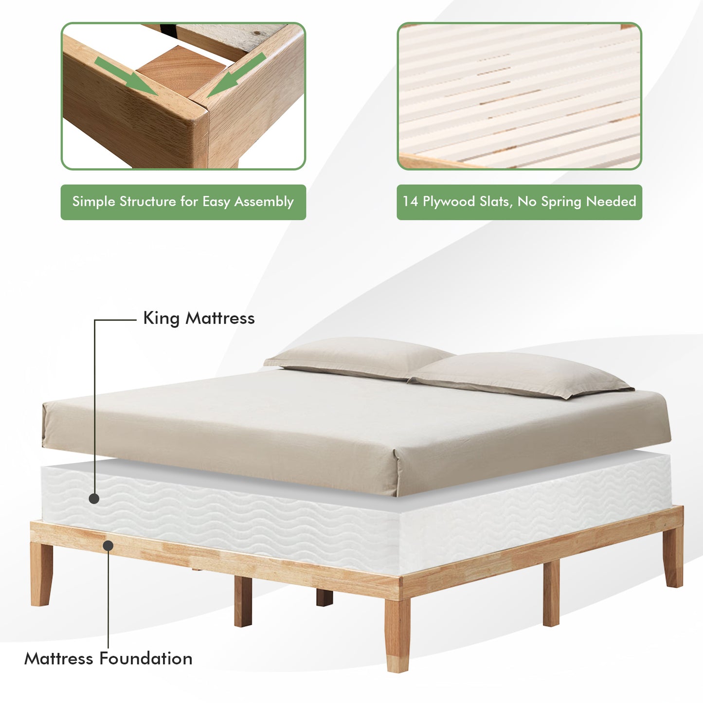 14 Inch King Size Wood Platform Bed Frame, Natural Simple Bed Frame at Gallery Canada