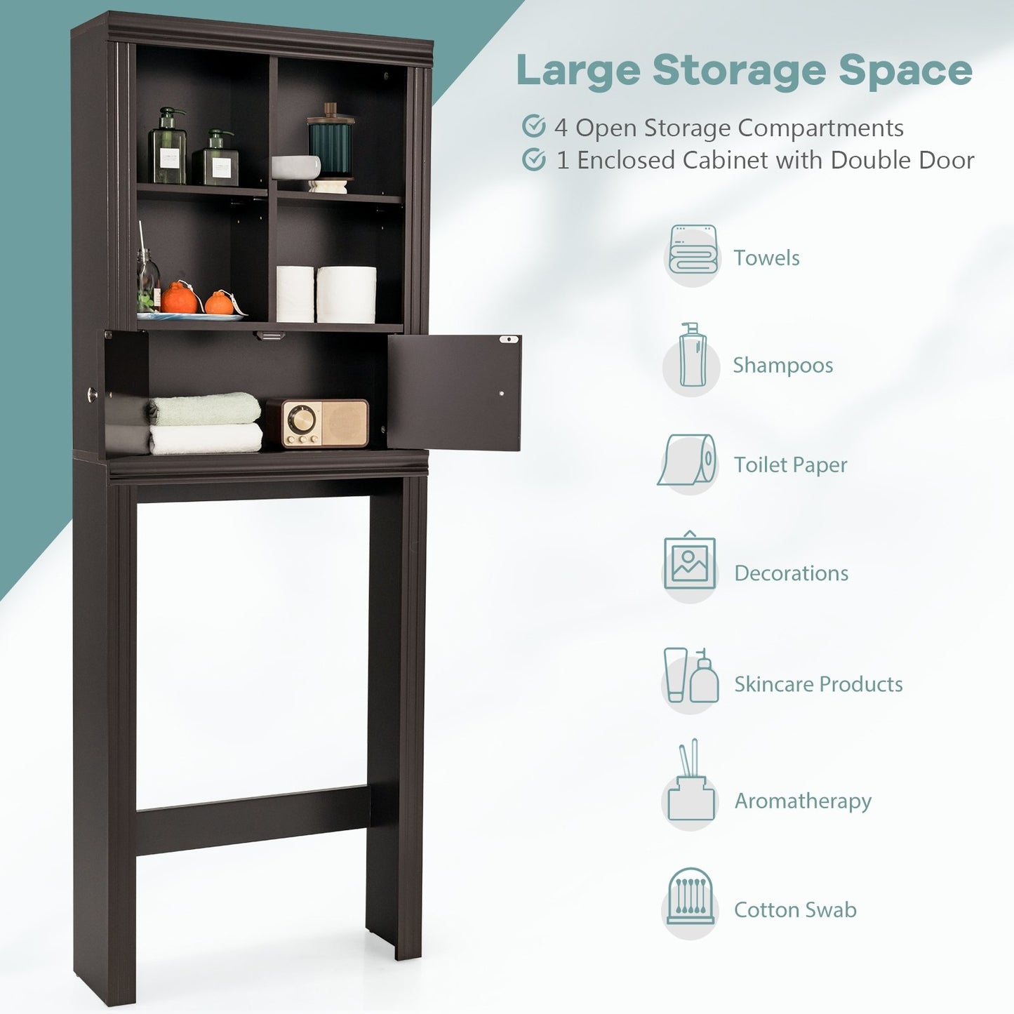 Over the Toilet Storage Cabinet with 4 Open Compartments, Brown