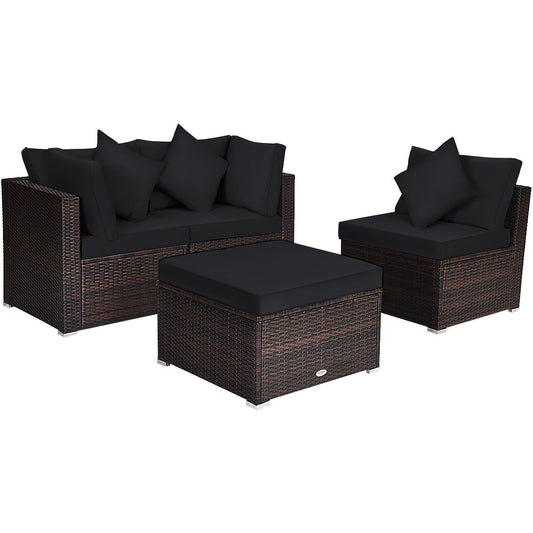 4 Pieces Ottoman Garden Patio Rattan Wicker Furniture Set with Cushion, Black